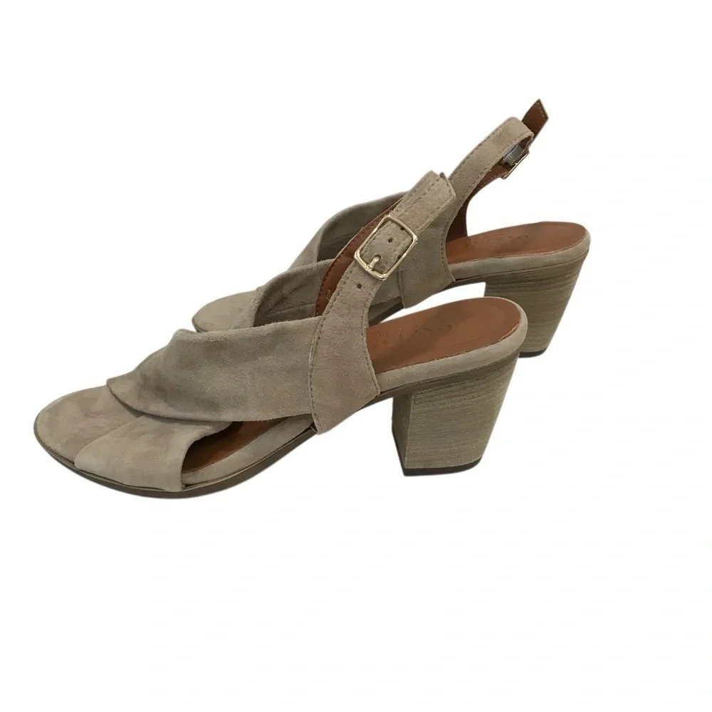 Mariella Suede Open Toe Sling Back Block Heel Sandal Tan 7.5